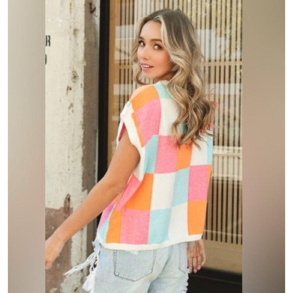 Olivacious Women's Checkerboard Knit Vest Top S Sleeveless Cropped Sweater - Picture 2 of 4